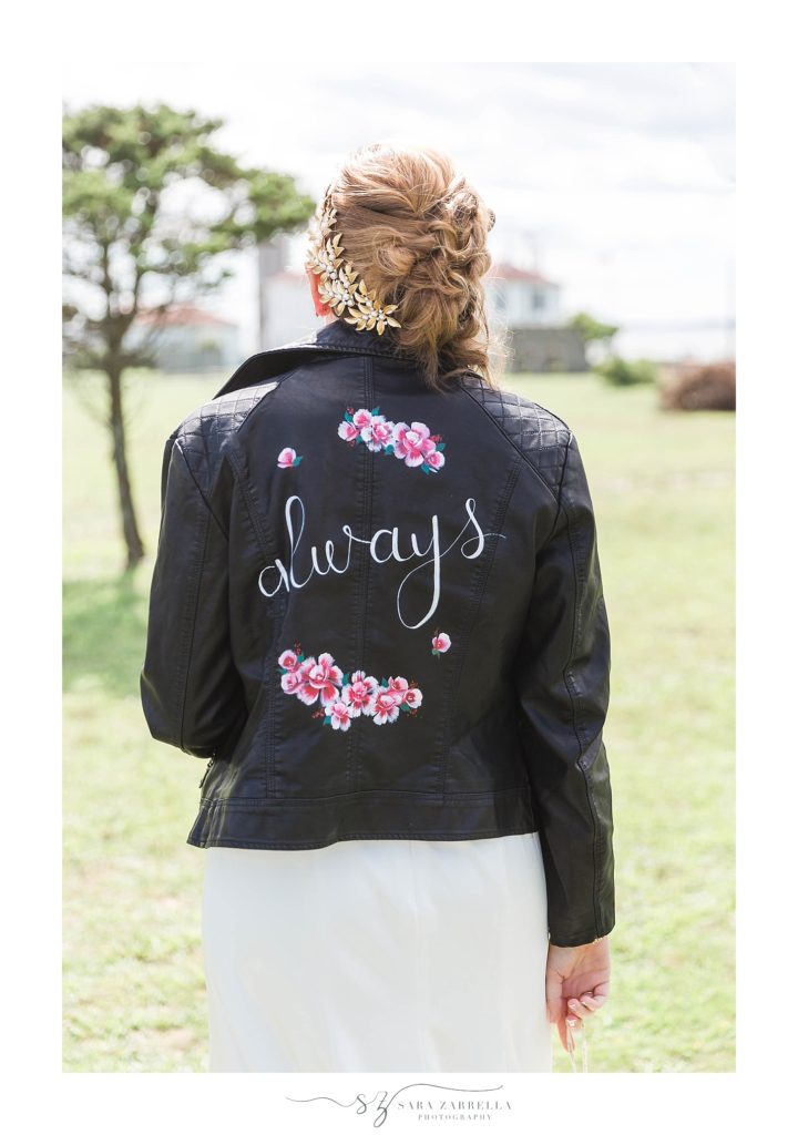 bride in leather jacket photographed by Sara Zarrella Photography