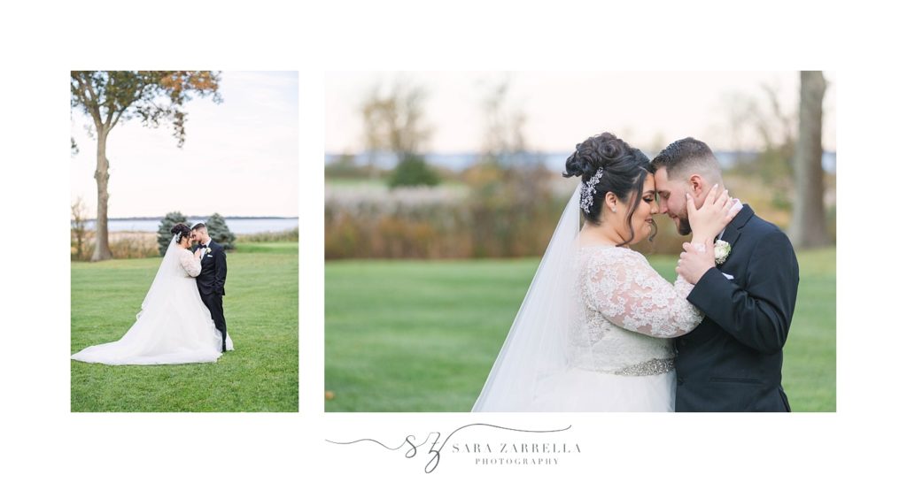 bride and groom pose along water with Sara Zarrella Photography