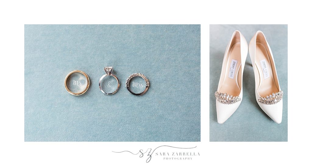 Sara Zarrella Photography photographs Rhode Island wedding day details including rings and bride's Jimmy Choo shoes