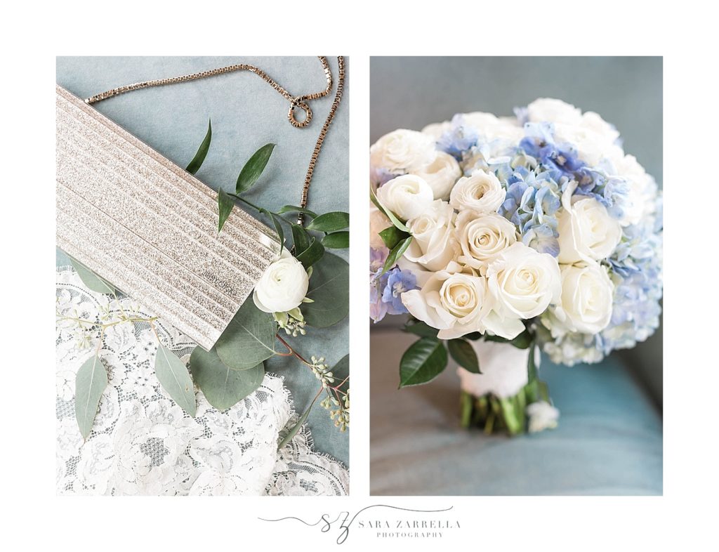 blue and ivory wedding details photographed by Sara Zarrella Photography