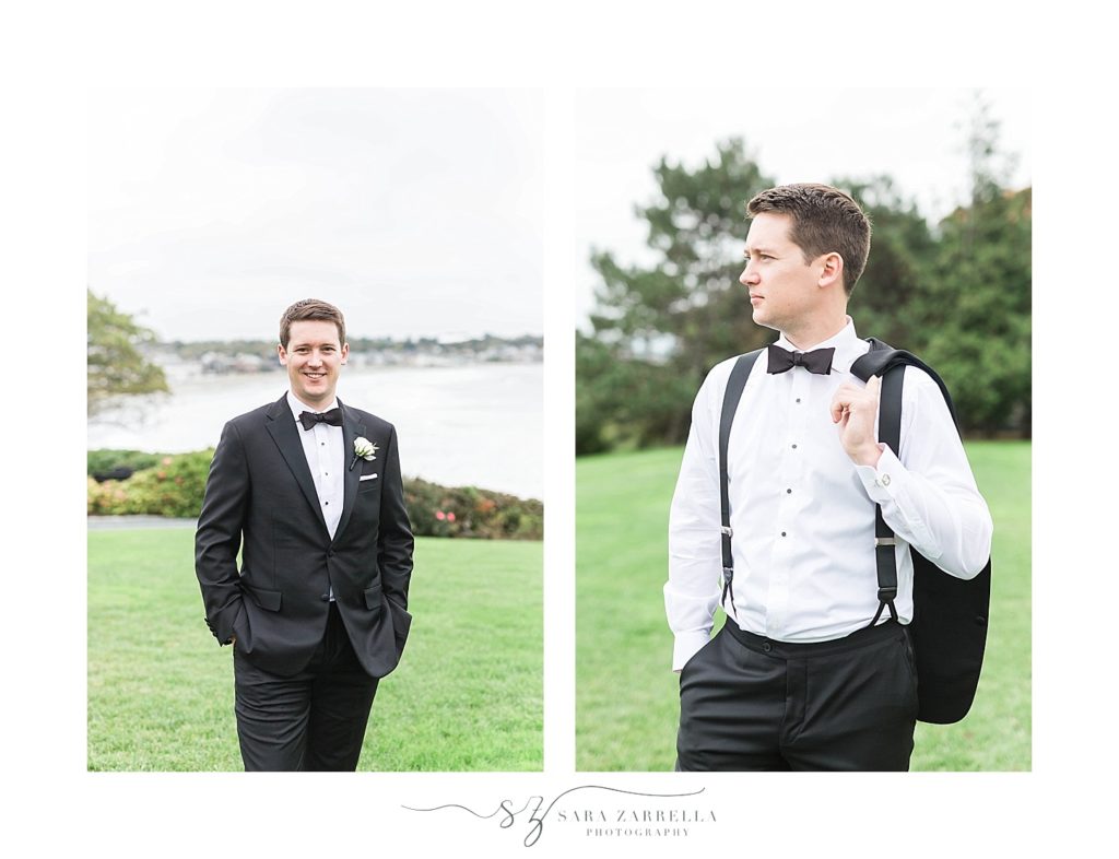 groom poses outside the Chanler before first look with Sara Zarrella Photography
