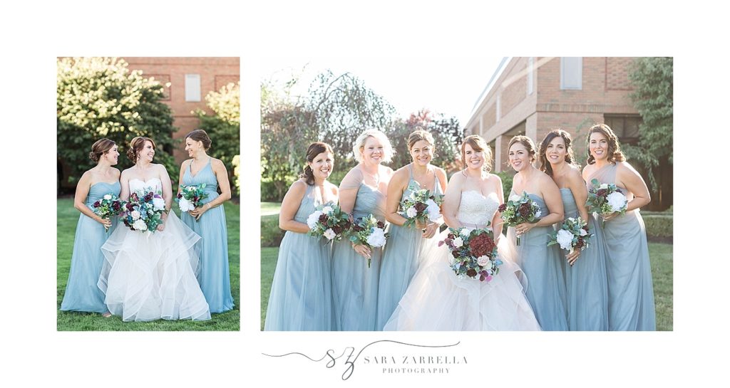 bride and bridesmaids in light blue pose for Sara Zarrella Photography