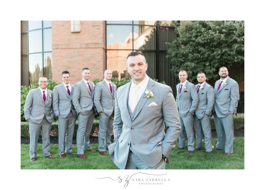 Sara Zarrella Photography captures groom and groomsmen in Carl Anthony tuxes
