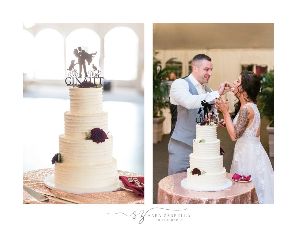bride and groom cut wedding cake at Warwick RI wedding reception photographed by Sara Zarrella Photography