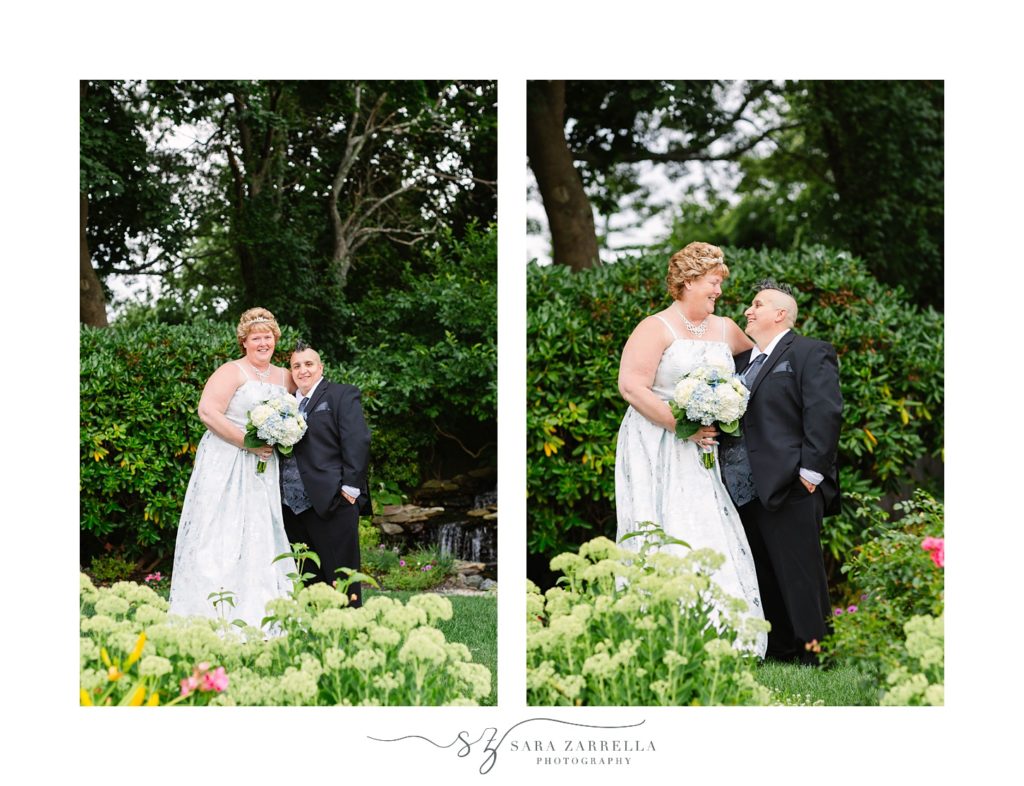couple poses in garden at Kirkbrae Country Club