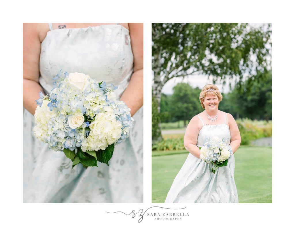 bride holds bouquet of white and blue hydrangeas
