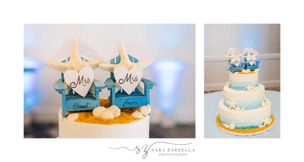 beach inspired wedding cake with seashells and chairs