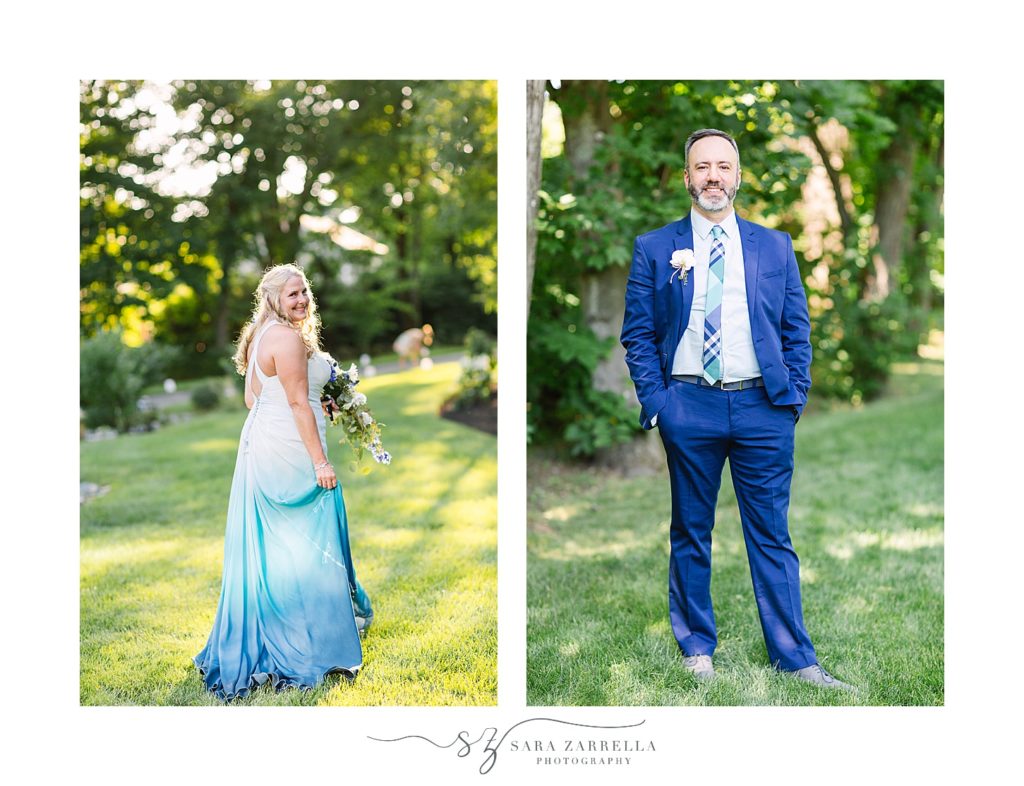 bride and groom pose during portraits after intimate backyard wedding