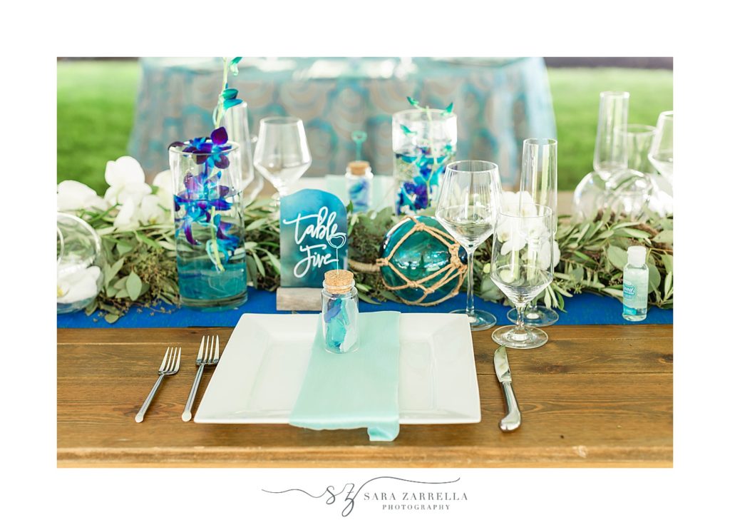 blue and green reception details for intimate backyard wedding