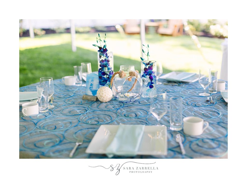 blue and white place settings for morning reception