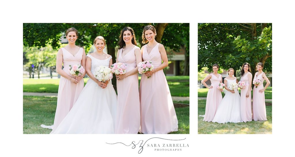bridesmaids in pale pink gowns pose with bride