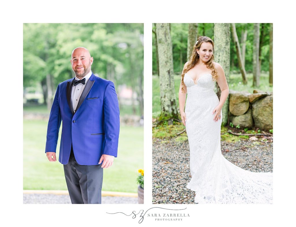 bride and groom portraits in woods at Gerald's Farm