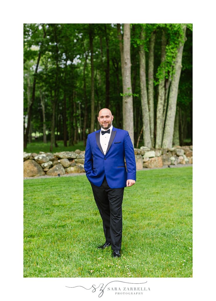groom in navy tux jacket for RI wedding day