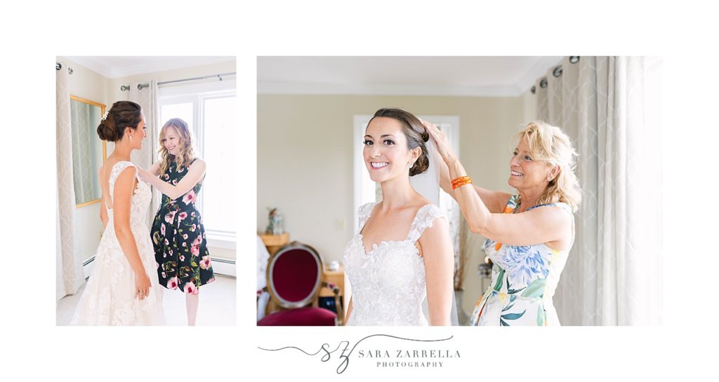 bride's mom and sister help with veil and dress