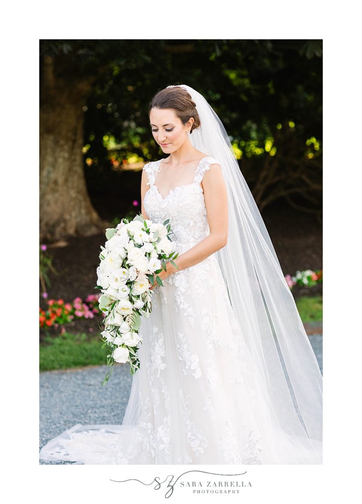 Rhode Island bridal portrait with cascading bridal bouquet