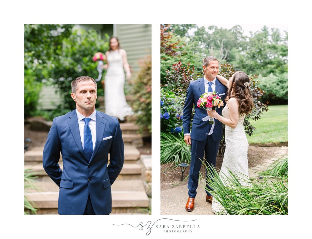 first look during relaxed backyard wedding in Greenville RI