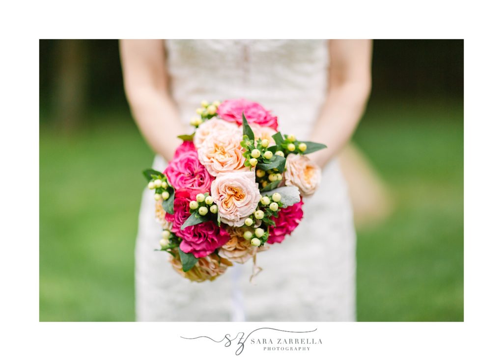 bride's pink and green bouquet for relaxed backyard wedding