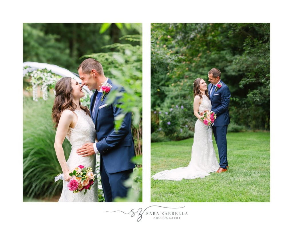 bride and groom pose after relaxed backyard wedding