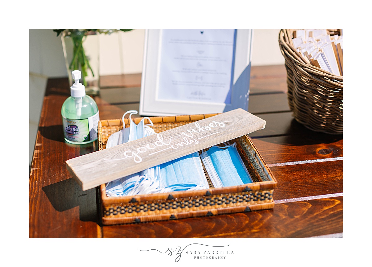 masks and hand sanitizers for waterfront estate wedding