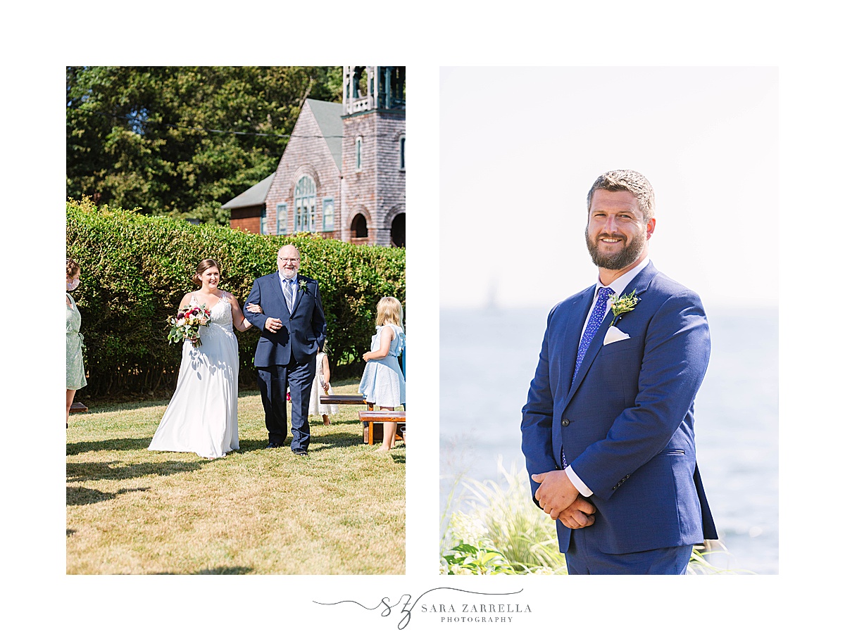 groom watches bride walk down aisle for waterfront estate wedding