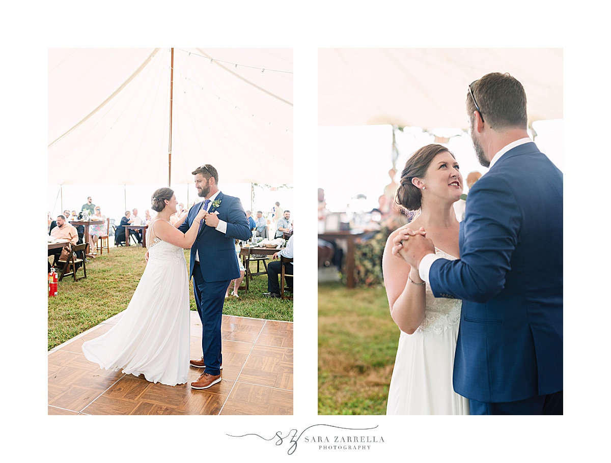 bride and groom have first dance during waterfront estate wedding