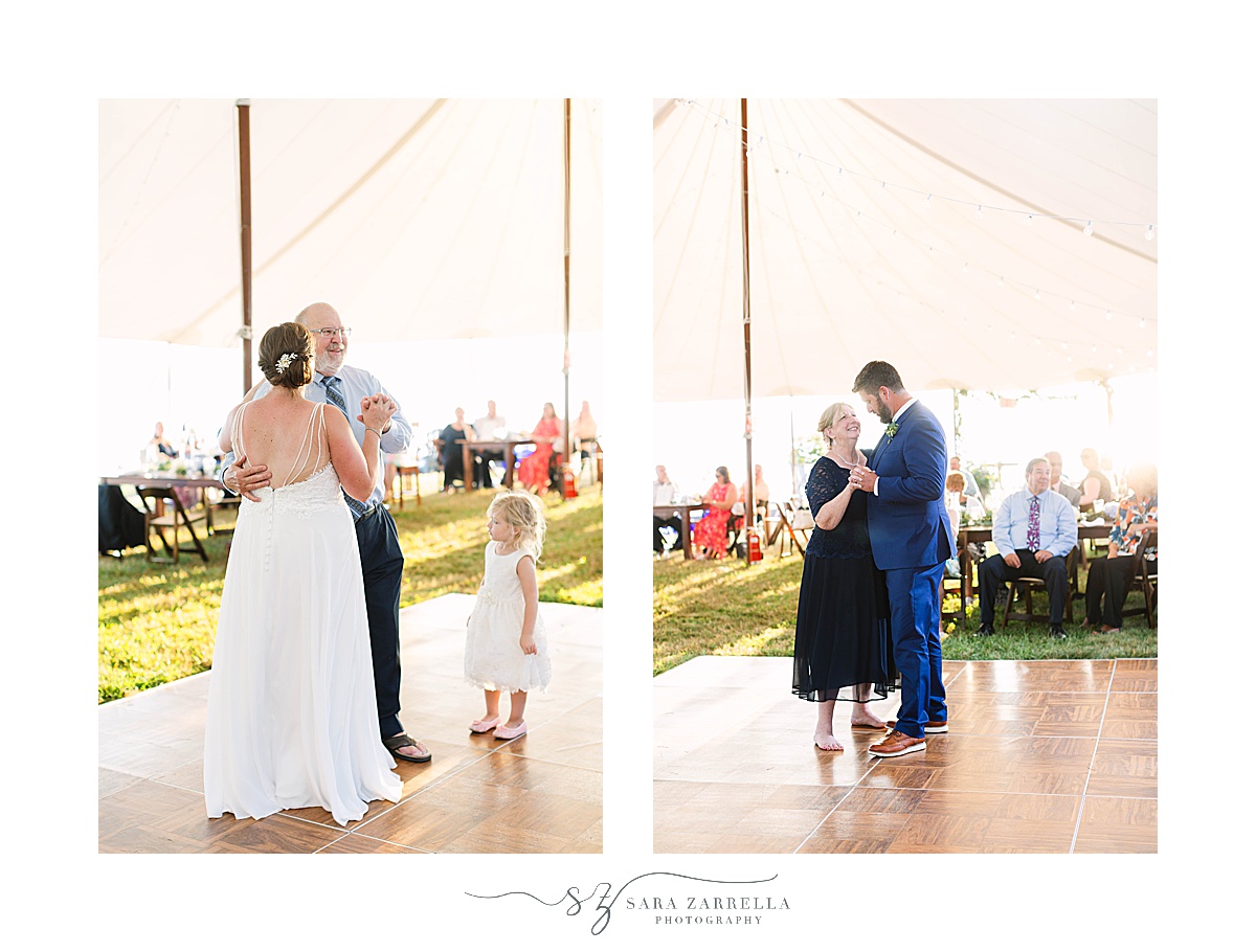 parent dances during tented wedding reception in CT