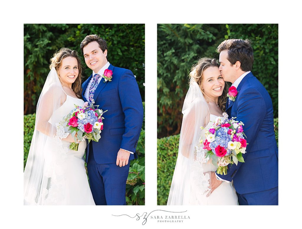 bride with colorful bouquet poses with groom in navy suit