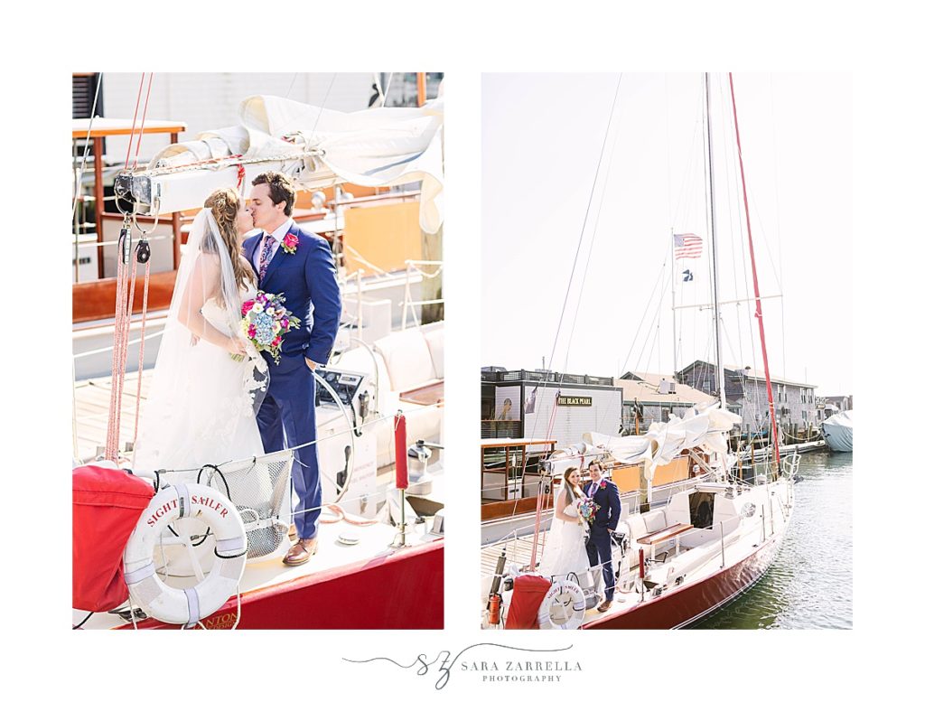 bride and groom kiss on sailboat in Newport RI