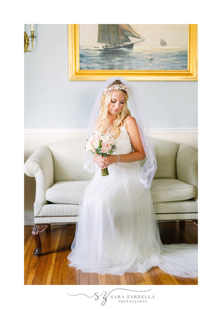 bridal portrait on couch at Warwick Country Club