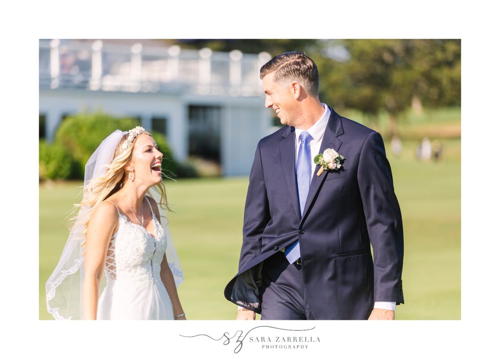 bride laughs during wedding day first look