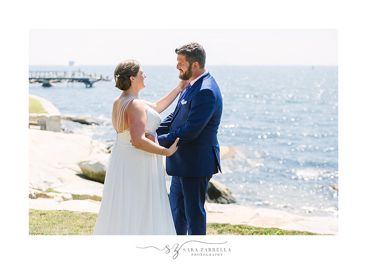 waterfront estate wedding portraits during first look