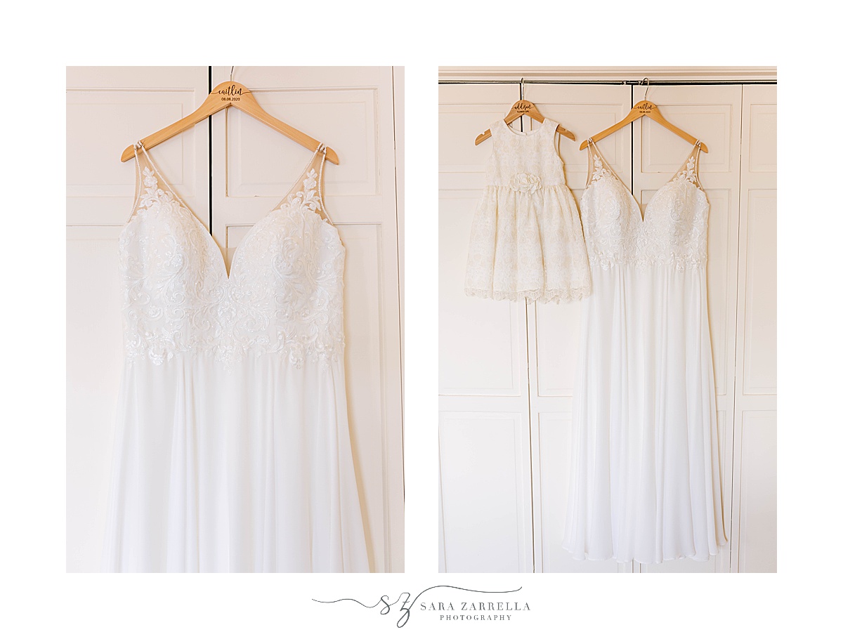 wedding dress and flower girl dress hang in Groton CT