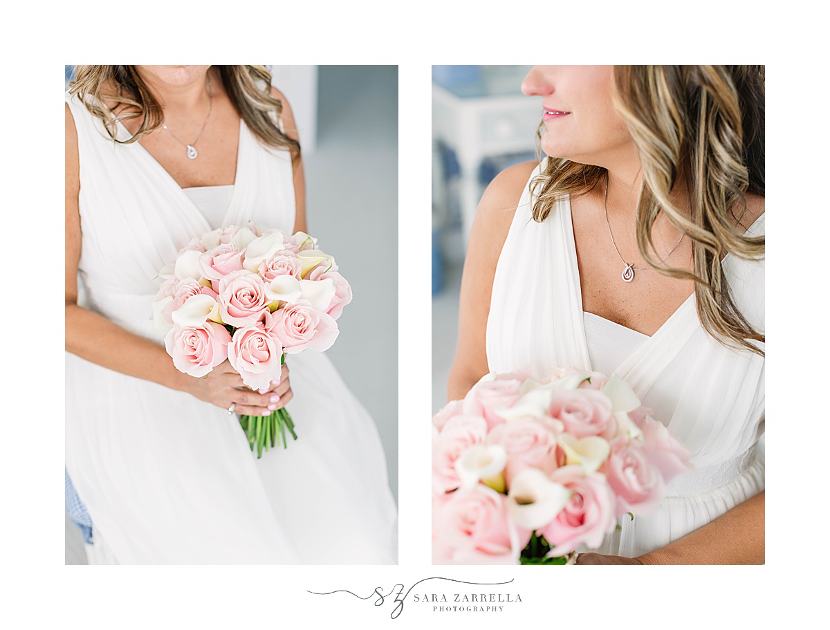 bride holds bouquet of pale pink flowers