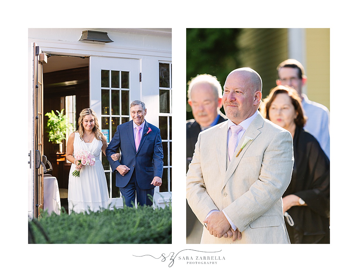 bride walks down aisle while groom watches at country club in Rhode Island