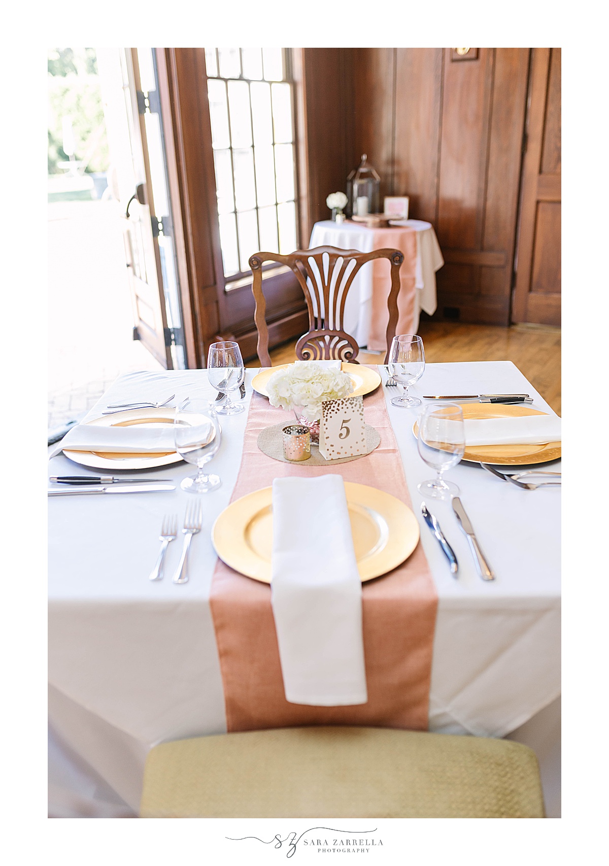 gold and blush place settings at Agawam Hunt Country Club