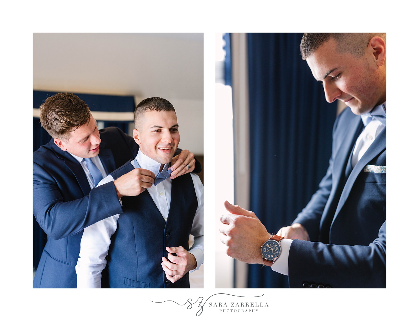 groomsman helps groom prepare for RI wedding