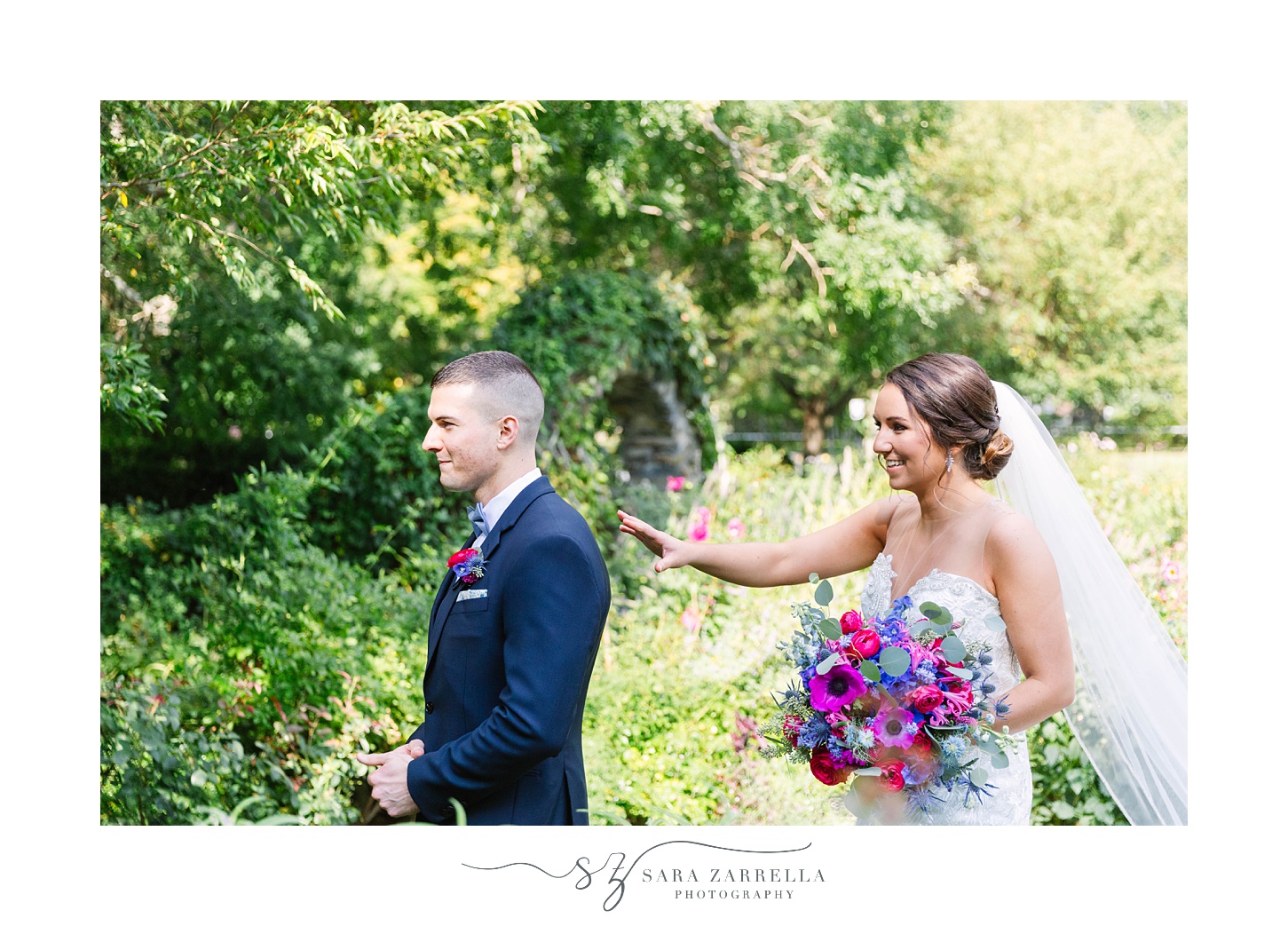Blithewold Mansion Wedding day first look with bride and groom