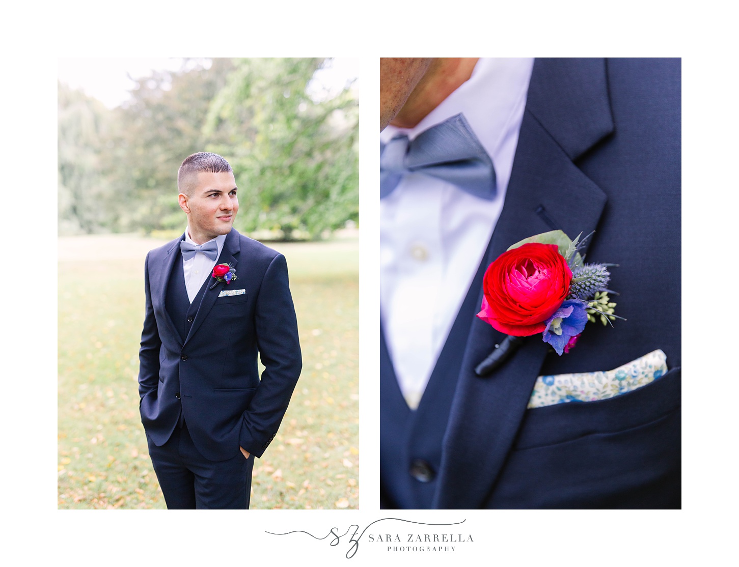 groom in navy suit poses for RI wedding photographer
