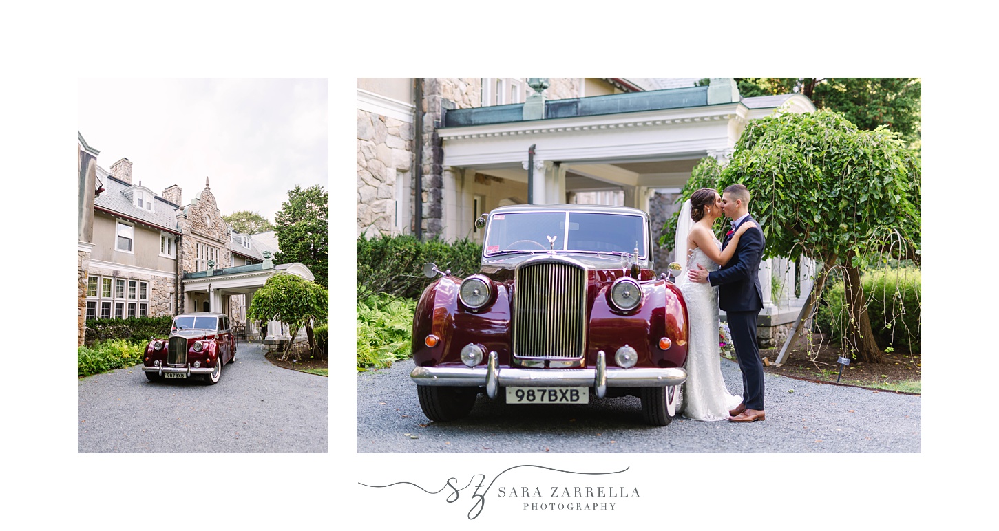 bride and groom pose by classic car outside Blithewold Mansion