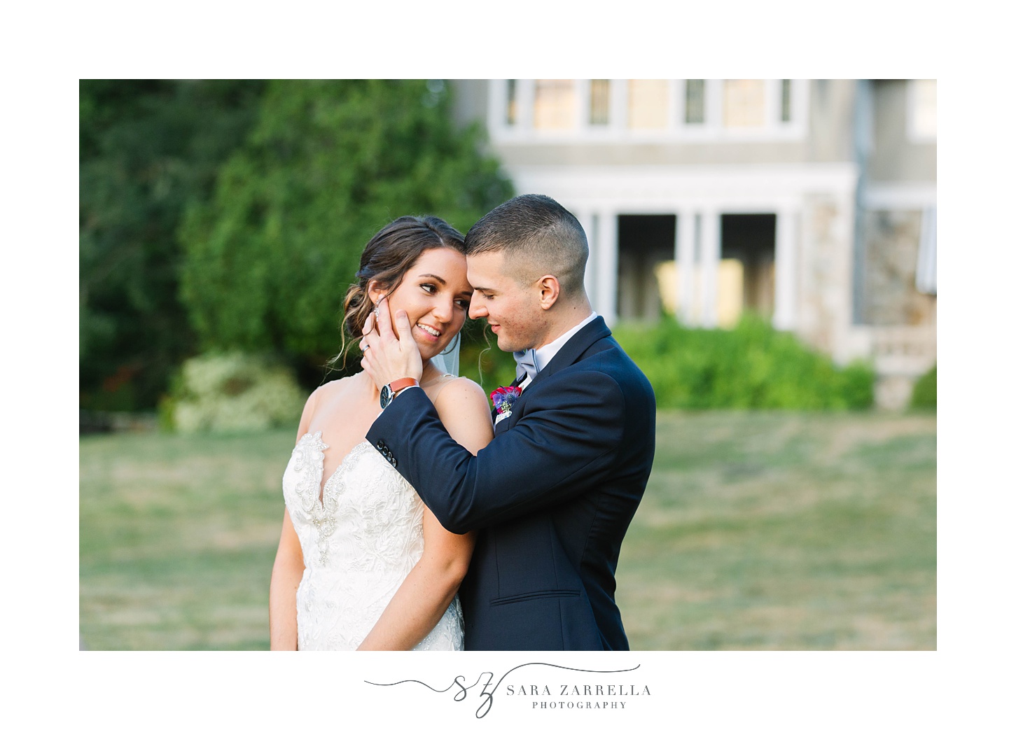 bride and groom stand together at Blithewold Mansion
