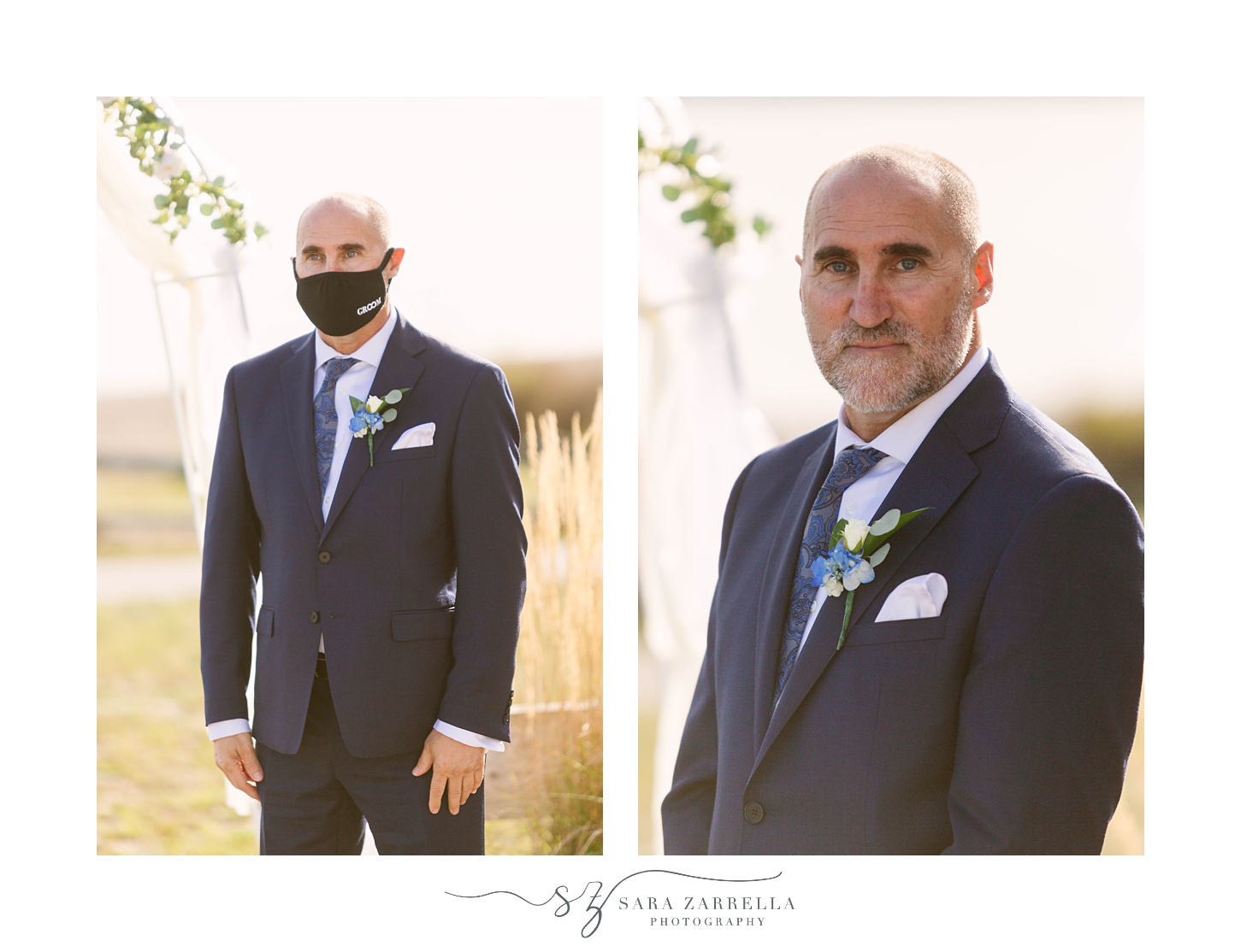 groom with mask waits for bride at Iggy's Boardwalk