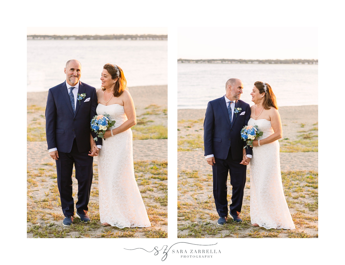 bride and groom pose on beach at sunset with Sara Zarrella Photography