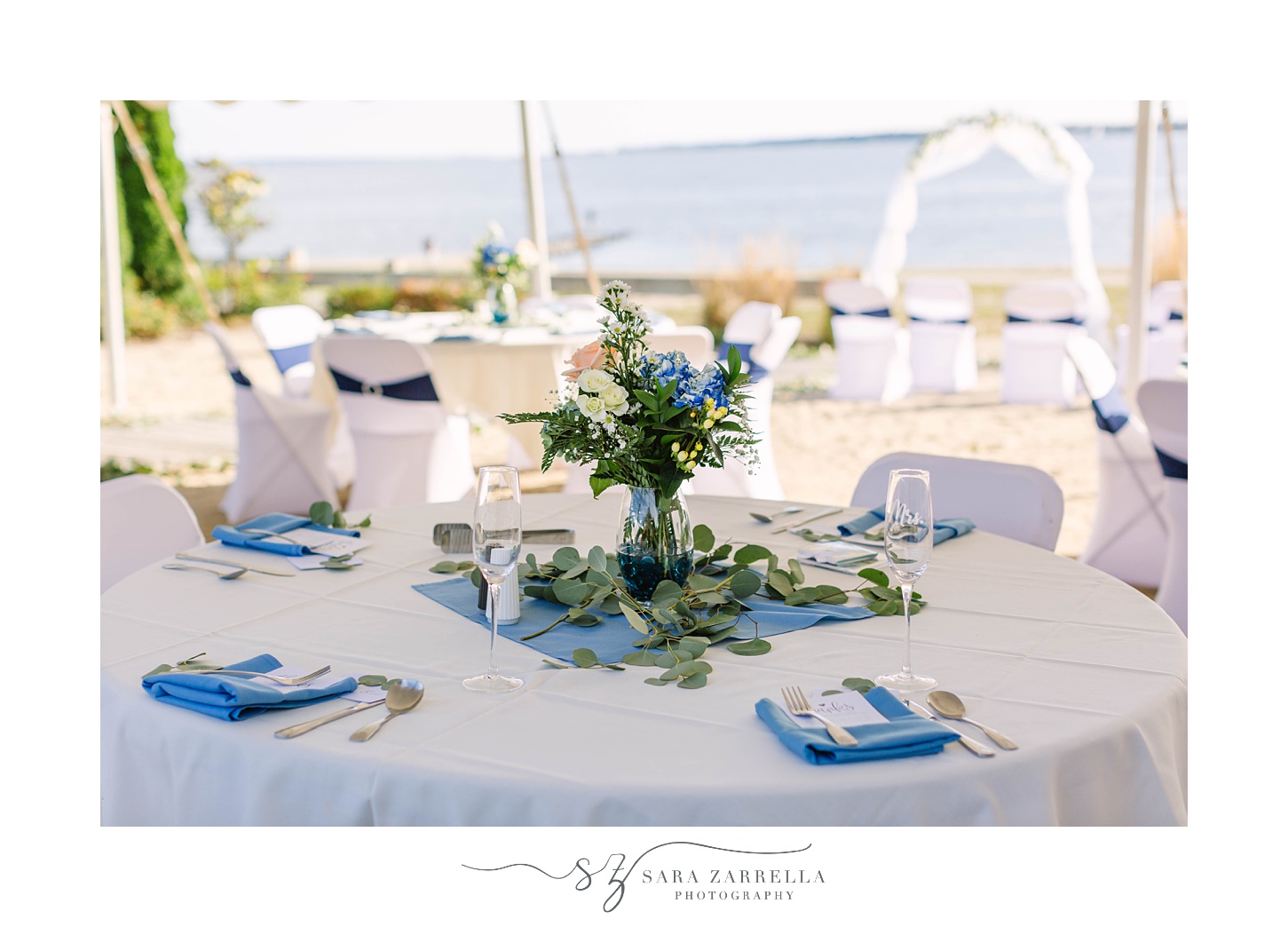 Rhode Island beach wedding reception with blue accents