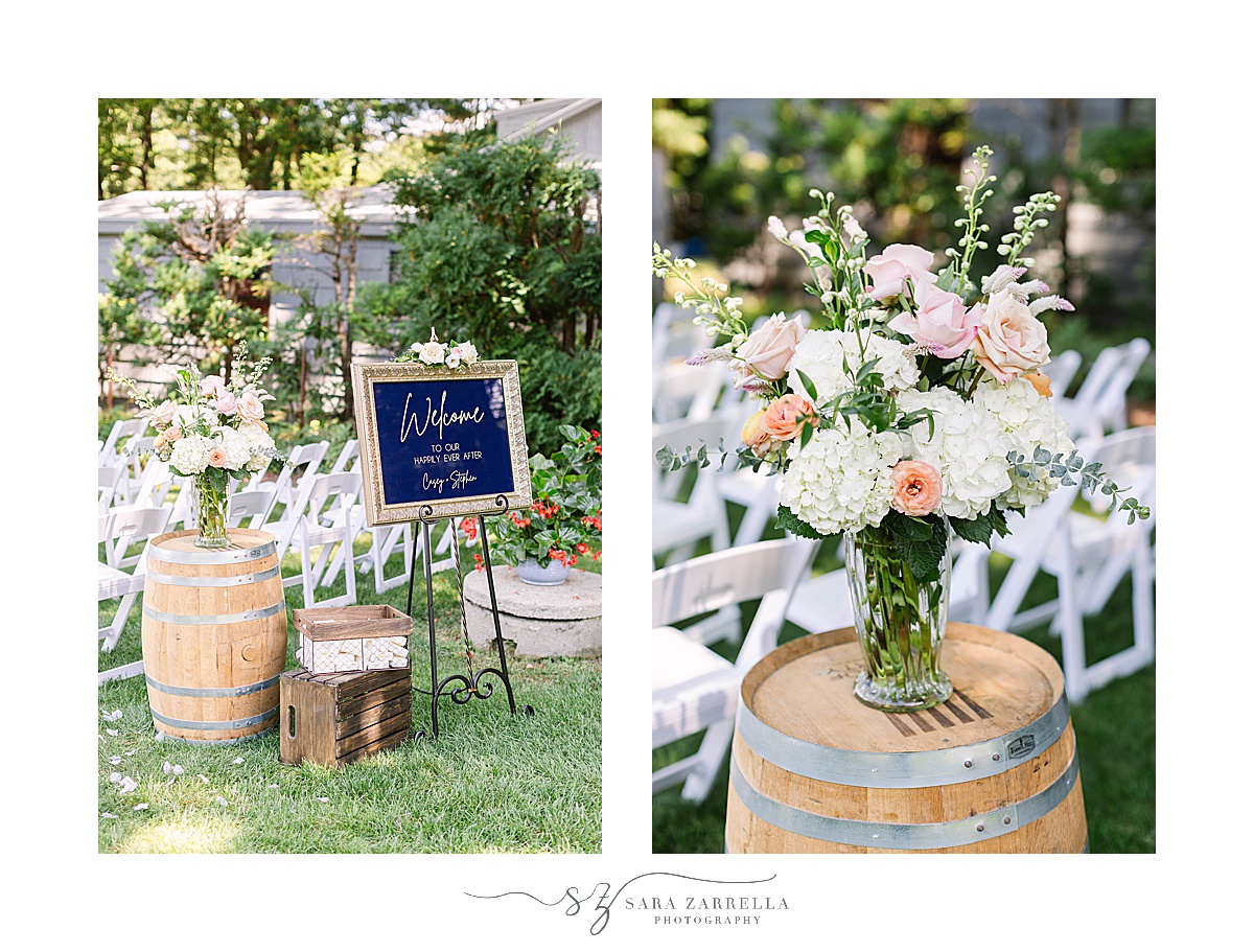 romantic lakeside wedding ceremony decorations with wooden barrels