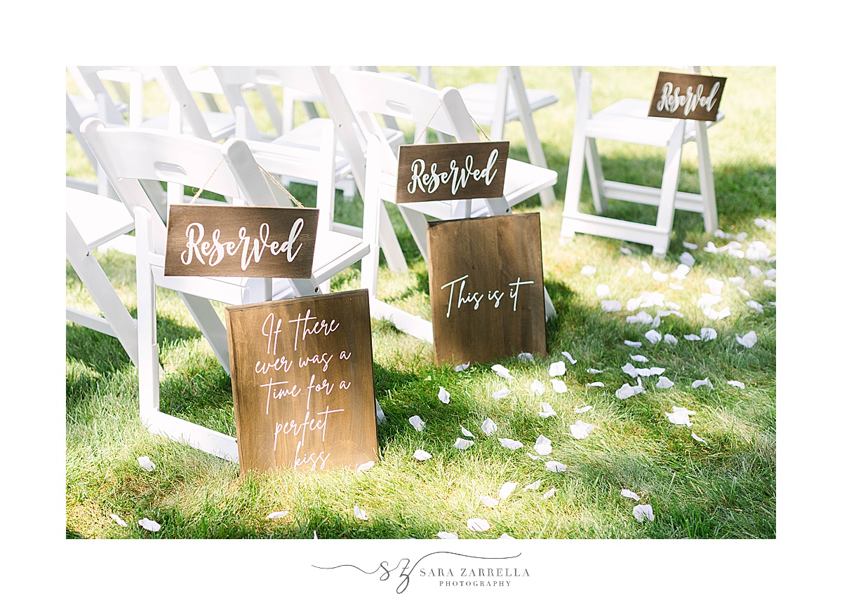 rustic signs for wedding seats at Rhode Island ceremony