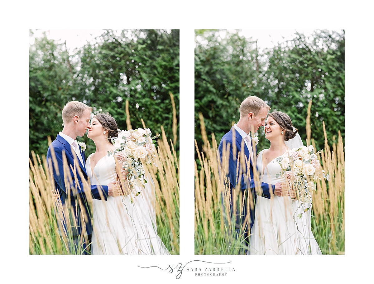 bride and groom pose in tall grass by lake