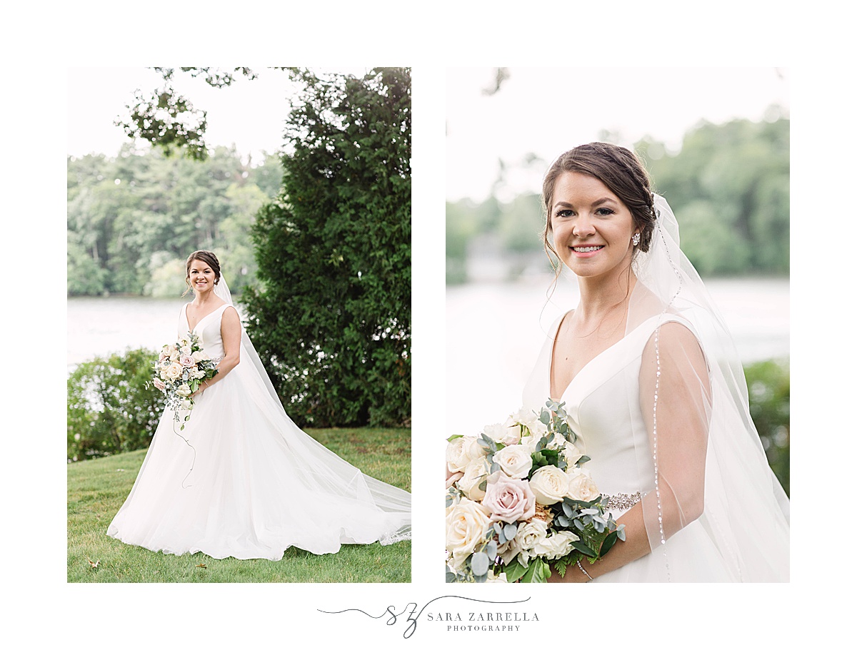 bride holds bouquet standing by lake in Rhode Island