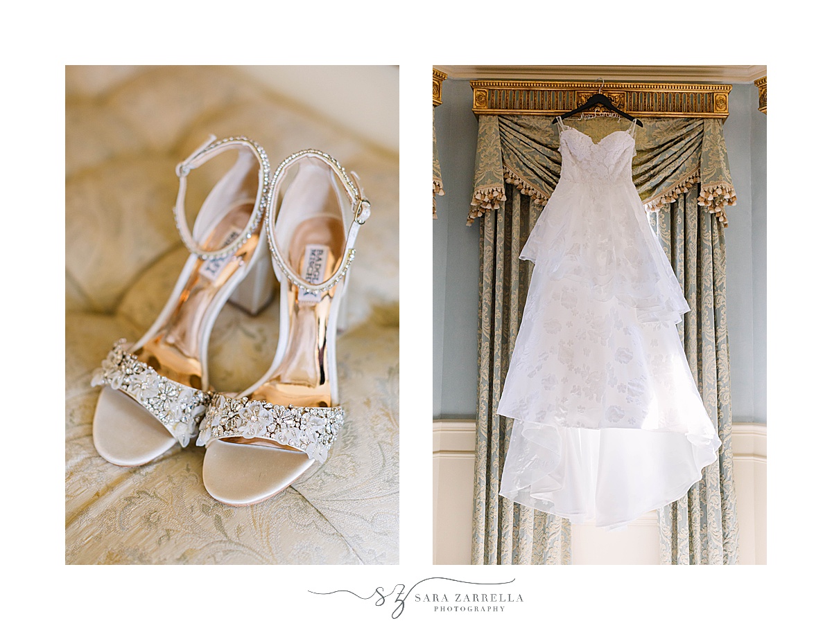 bride's shoes and dress hang at The Chanler at Cliff Walk