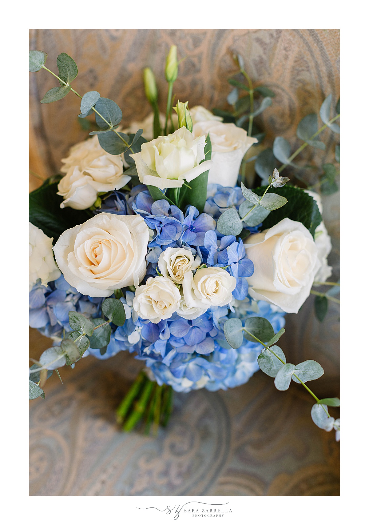 blue and white wedding bouquet from the Water's Edge Flowers