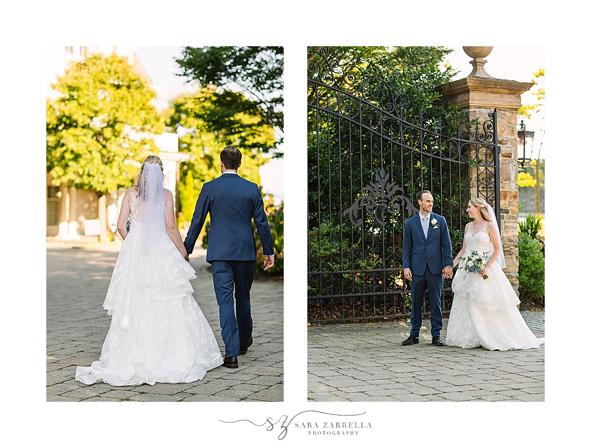bride and groom walk along entrance at The Chanler at Cliff Walk